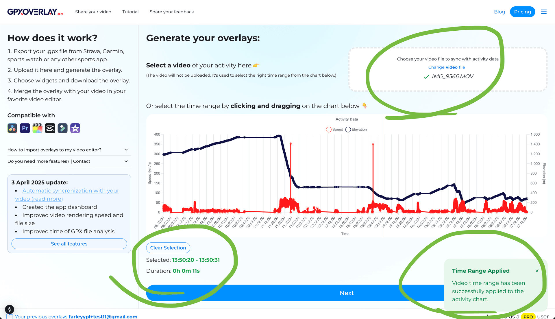 Screenshot showing the video upload area and synchronized time range