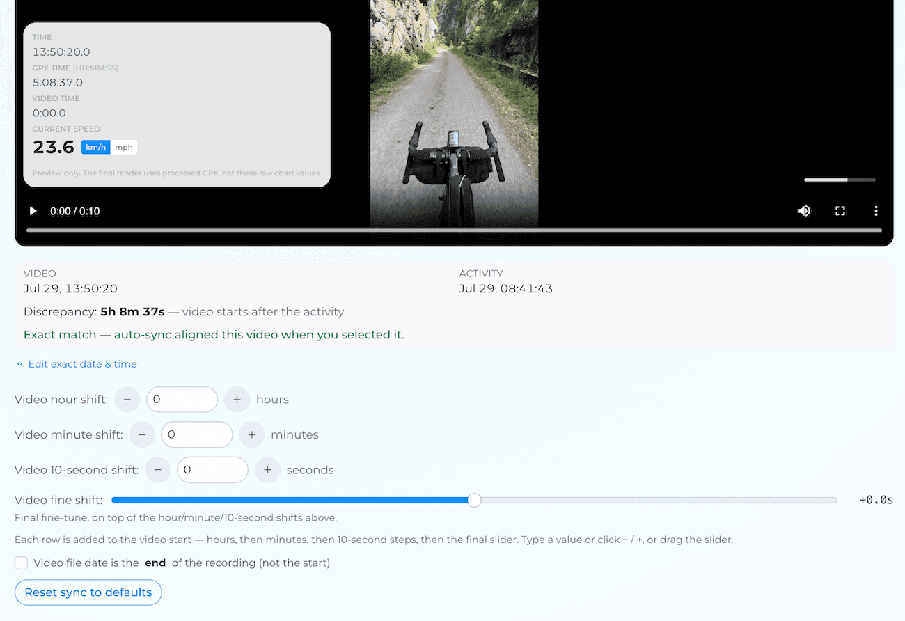 Video preview with the discrepancy readout and hour, minute, 10-second, and fine shift controls