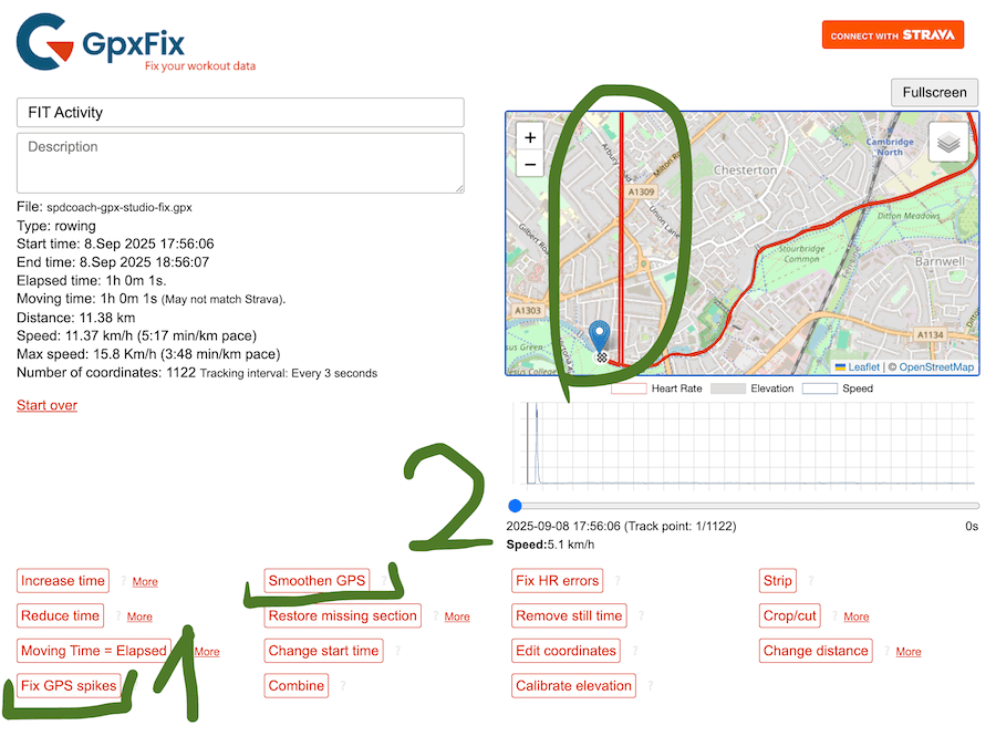 GpxFix interface showing fix GPS spikes and smoothen options