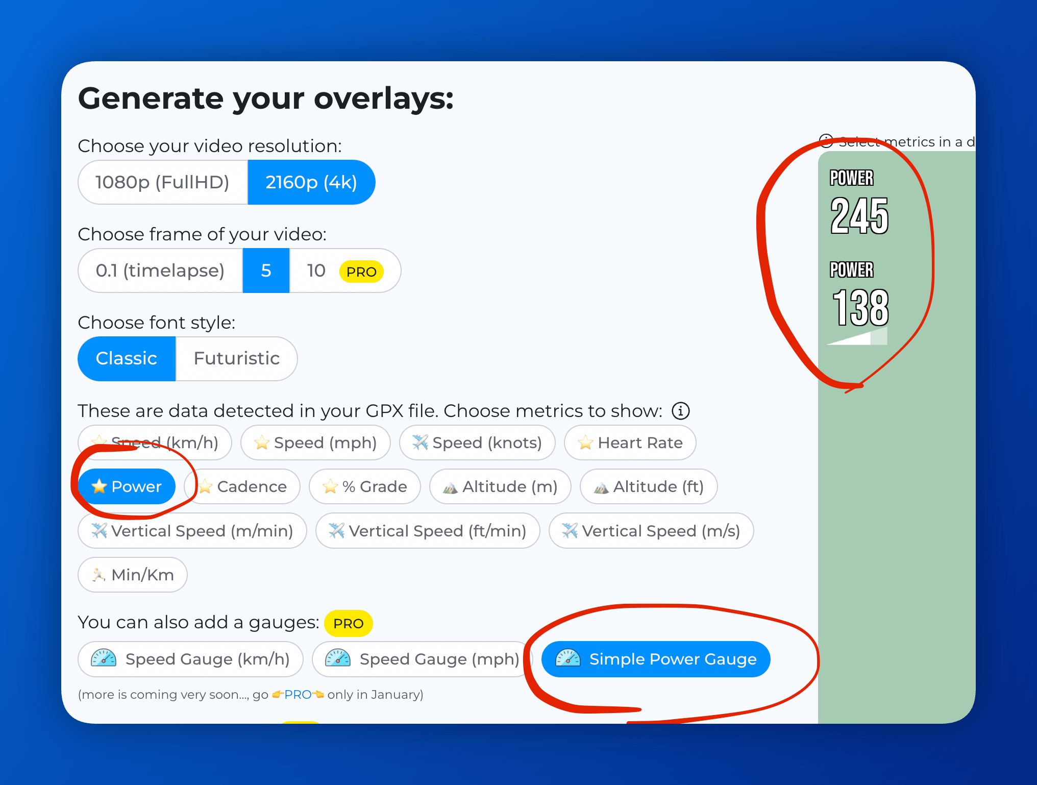 Power data options in GpxOverlay